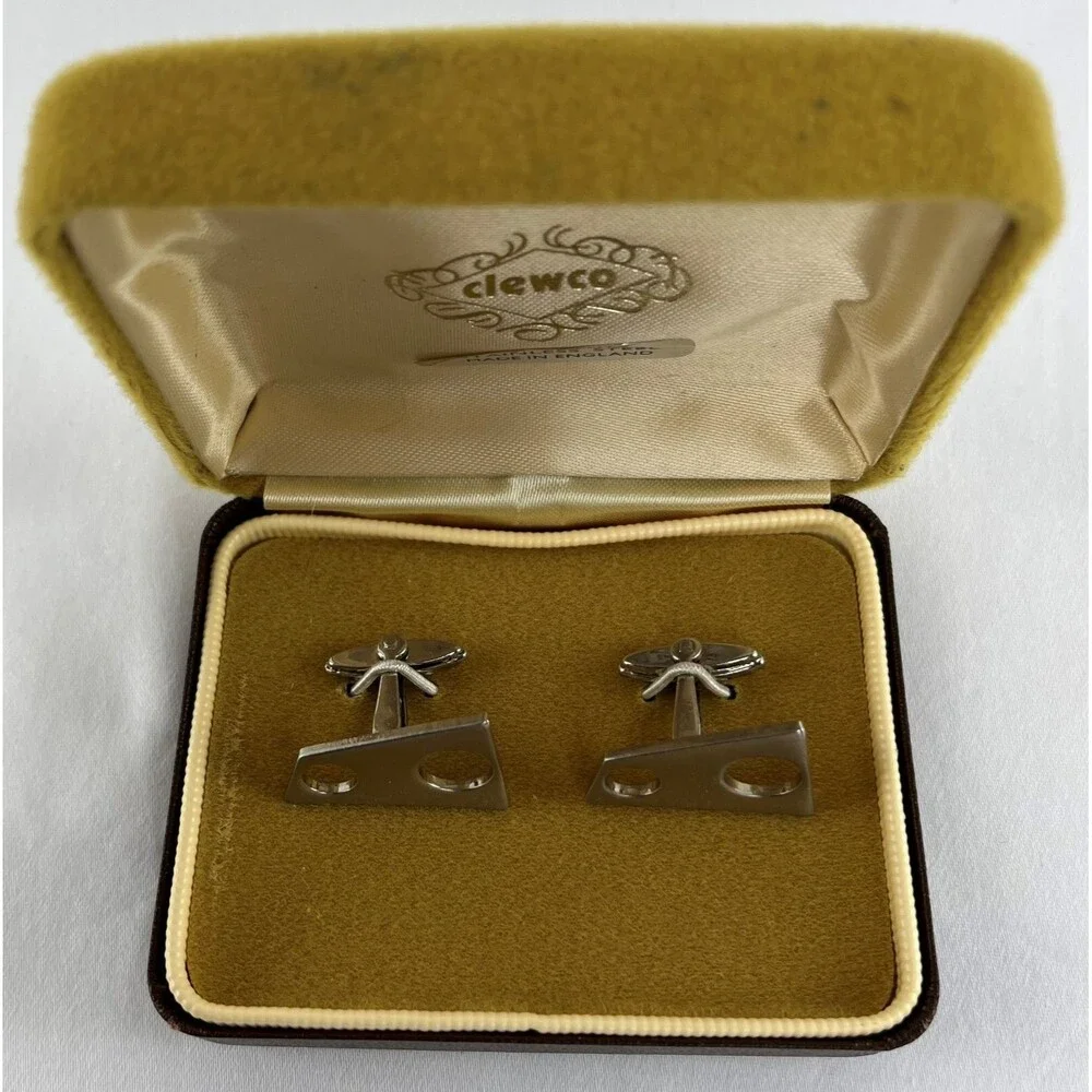 Vtg MCM Clewco Stainless Steel Cufflinks Shiny Silver Tone Geometric England NIB